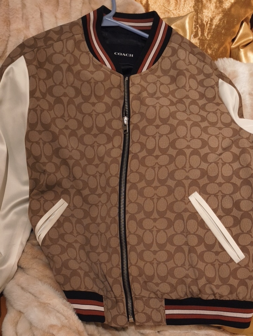 Coach Brown Signature Bomber Jacket with Cream Sleeves